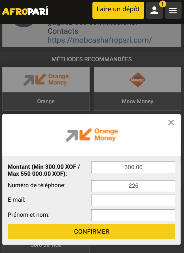 Moyen de paiement  compte Afropari
